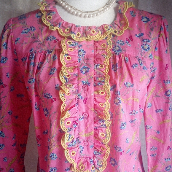 J. Crew Liberty Art Fabric Pink Floral Eyelet Trim Long Sleeve Blouse Size XS - Picture 2 of 14